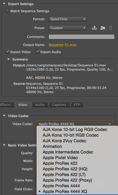 Prores 444XQ in Adobe Premiere CC 2014 export tab